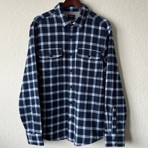 UNTUCKit Powell Navy Blue Plaid Flannel Shirt Mens L Regular Fit Cotton
